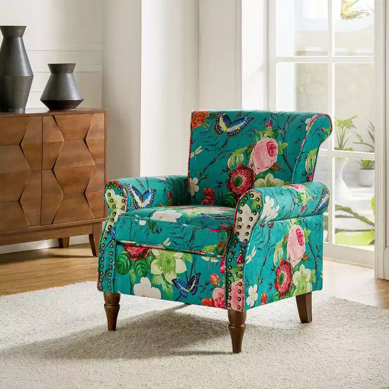Traditional Wooden Upholstered Floral Armchair with Wingback and Nailhead Trim
