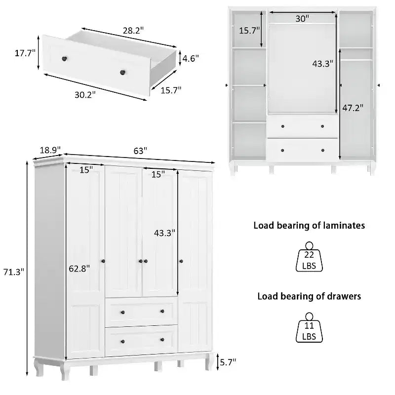 White Freestanding Wood Armoire With Drawers and Hanging Rods