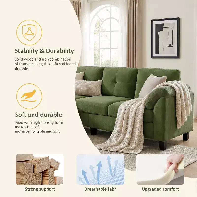 76.4-Inch Modern Three-Seater Sofa with Armrests and Pillows in Chenille Beige