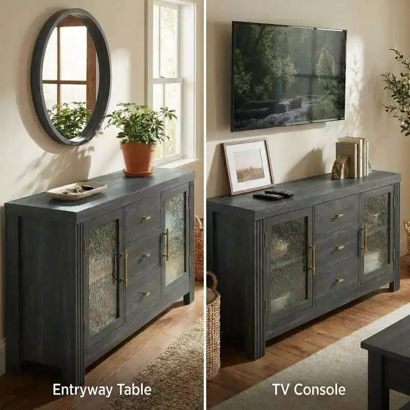 54.4 Buffet Sideboard, Accent Storage Cabinet with 2 Glass Doors & 3 Drawers, Coffee Bar Table, TV Stand for Living Room, Kitchen, Dining Room