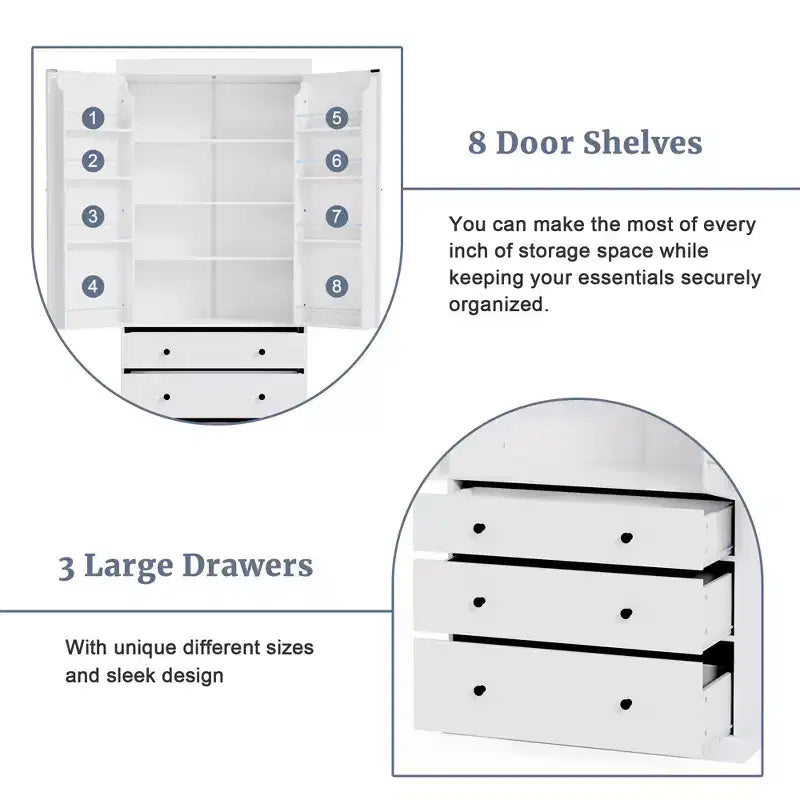 Freestanding Kitchen Pantry Organizer, Cabinet with 3-Adjustable Shelves, 3-Drawers, 8-Door Inner Shelves