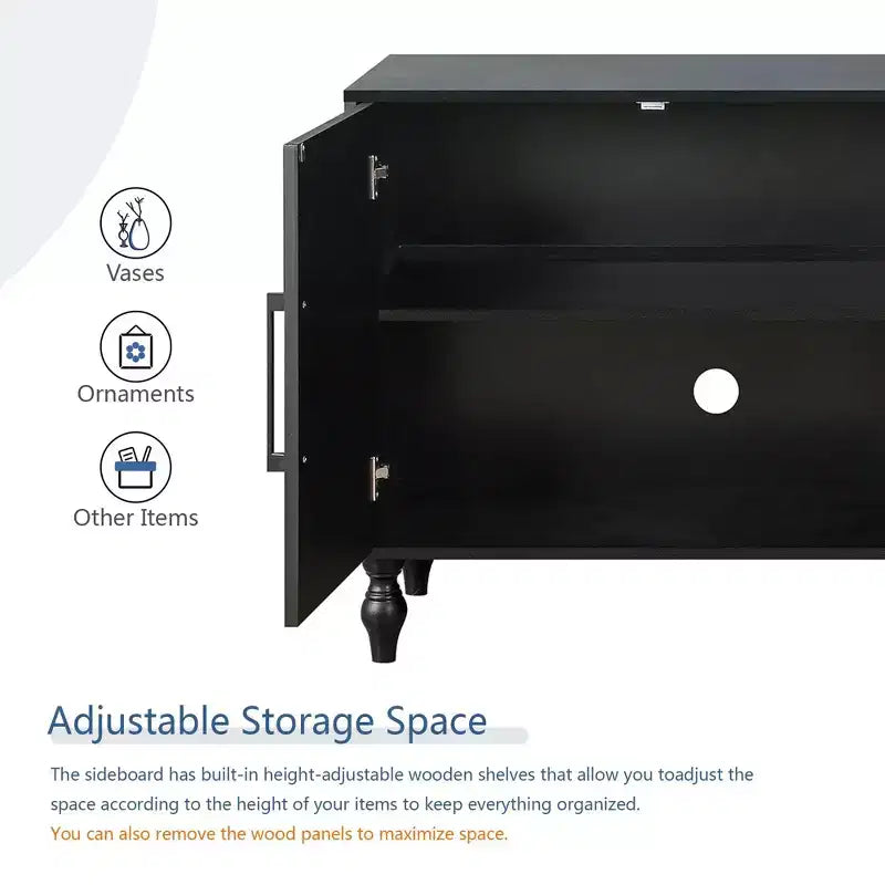Large Storage Cabinet with Metal Handle, Carved Flower Doors, Wooden Mordern Sideboard Console with Adjustable Shelves