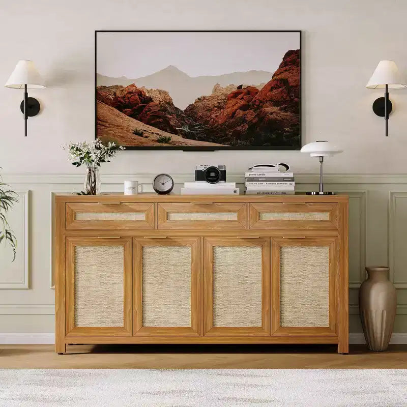 63in Deep Farmhouse Buffet Sideboard Cabinet with Rattan Panels, 3 Drawers, 4 Doors, Adjustable Shelves - Dining Room, Kitchen, Entryway Organizer