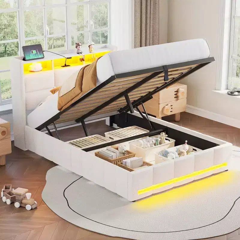 Greenstell Upholstered Lift Storage Bed with LED Lights & Charging Station, Modern Platform Bed, Heavy Duty Wooden Slats