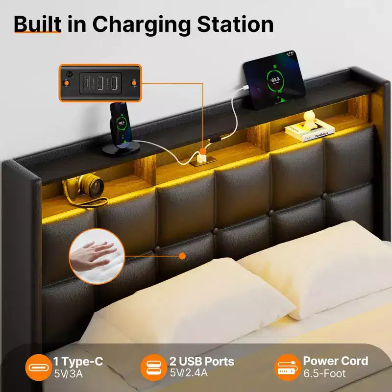Greenstell Upholstered Lift Storage Bed with LED Lights & Charging Station, Modern Platform Bed, Heavy Duty Wooden Slats