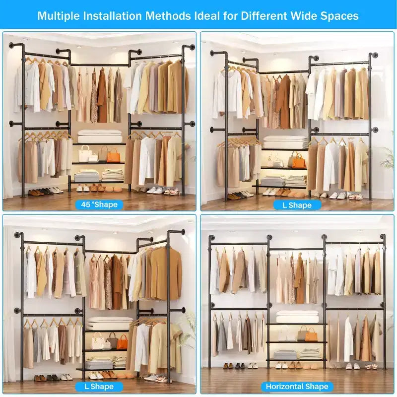 Besiost Industrial Pipe Clothing Rack, 7.3-10.9Ft Wall Mounted Closet System