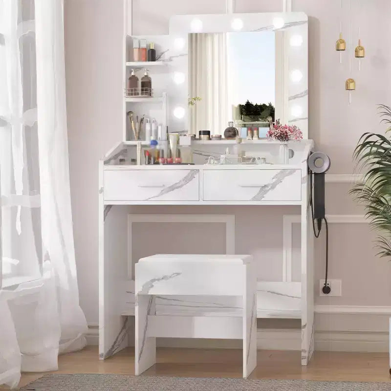 Vanity Desk with Mirror and Lights, Makeup Vanity with Power Outlet & Cushioned Stool, 3 Lighting Modes Adjustable Brightness, Dressing Table