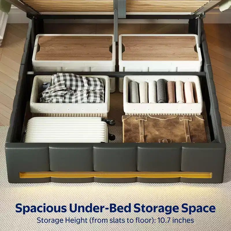 Greenstell Upholstered Lift Storage Bed with LED Lights & Charging Station, Modern Platform Bed, Heavy Duty Wooden Slats