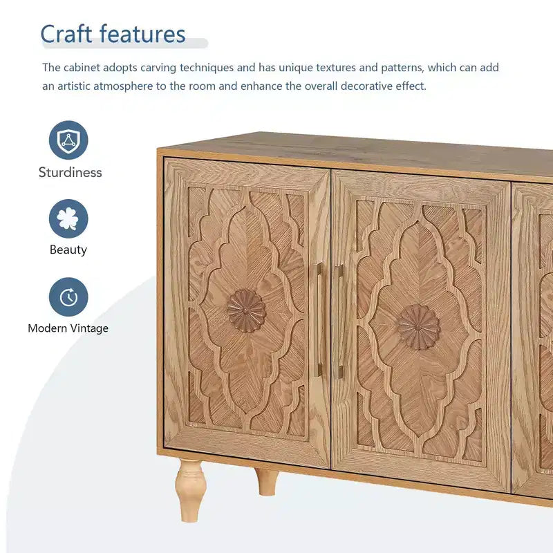 Large Storage Cabinet with Metal Handle, Carved Flower Doors, Wooden Mordern Sideboard Console with Adjustable Shelves