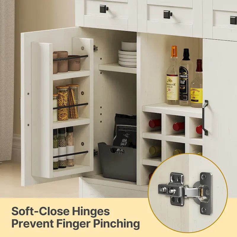 72" Kitchen Pantry Cabinet with Wine Rack, 3 Drawers & Charging Station