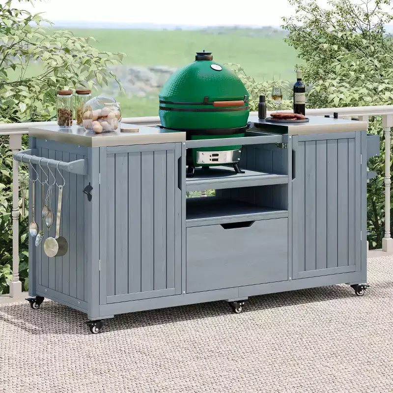 Okak Outdoor Kitchen Island with Steel Top & Rack,Solid Wood Grill Cart for Big Green Egg Grills,Storage Cabinet Dining Table