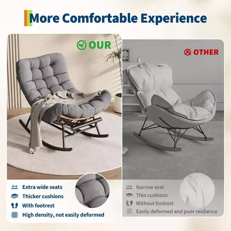 Oversized Rocking Chair with Footrest, Upholstered Lounge Chair with Metal Frame, Patio Reclining Chair for Patio Backyard Bedroom Garden
