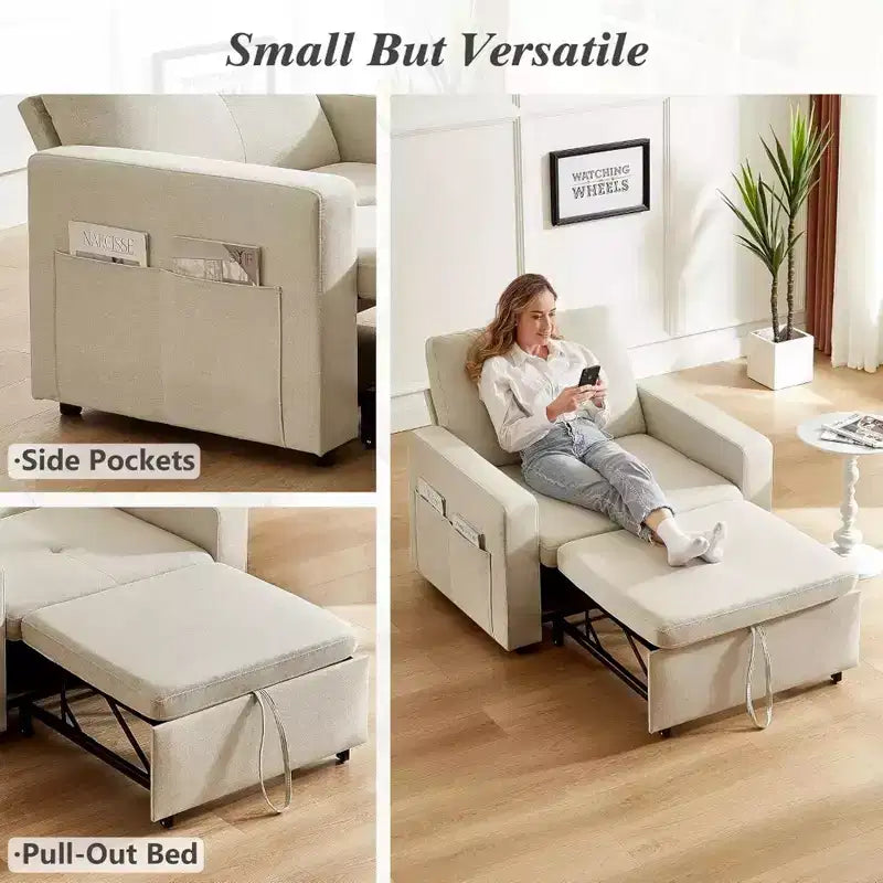 42.5" 3-in-1 Convertible Sleeper Chair Bed with Adjustable Backrest and Side Pockets