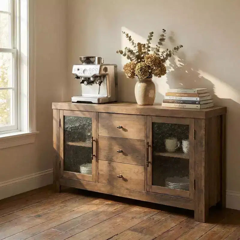 54.4 Buffet Sideboard, Accent Storage Cabinet with 2 Glass Doors & 3 Drawers, Coffee Bar Table, TV Stand for Living Room, Kitchen, Dining Room