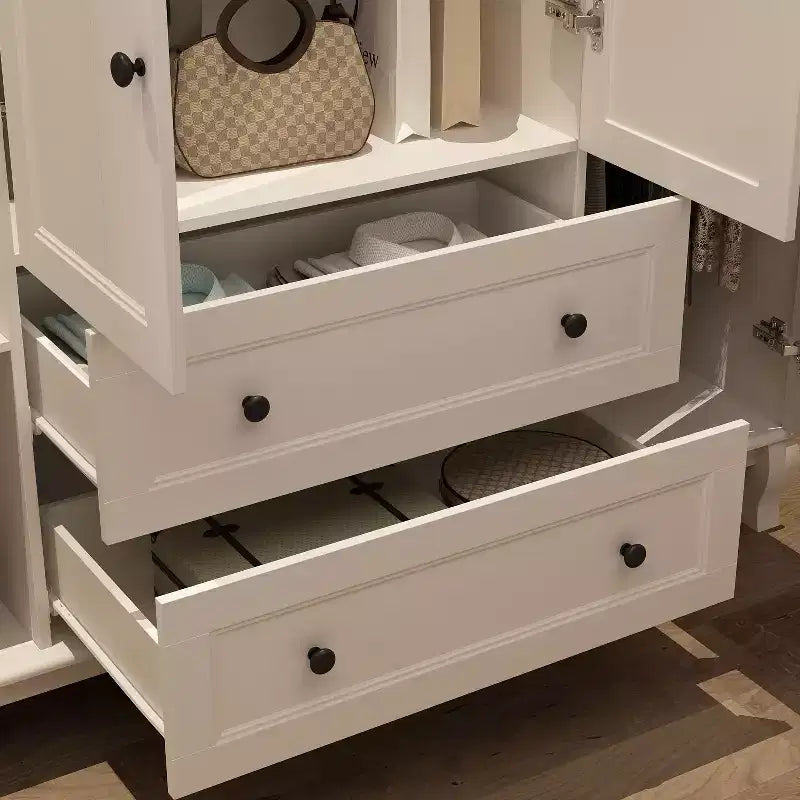 White Freestanding Wood Armoire With Drawers and Hanging Rods