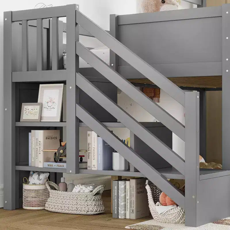 Twin Size Loft Bed with 3 Drawers & Storage Stair, Wooden House-style Bed Frame with Slide and Remevoable Desk