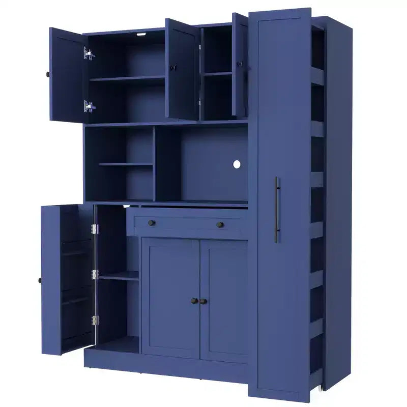 Kitchen Pantry Cabinet with Hutch and Pull-Out Side Cabinet