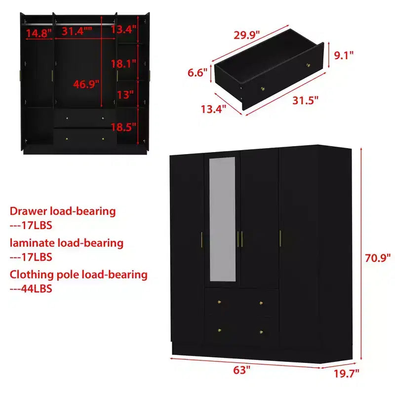 Modern Wardrobe with Mirror Closet Organization Armoire: Sturdy Rails, Smooth Drawers Practical & Stylish