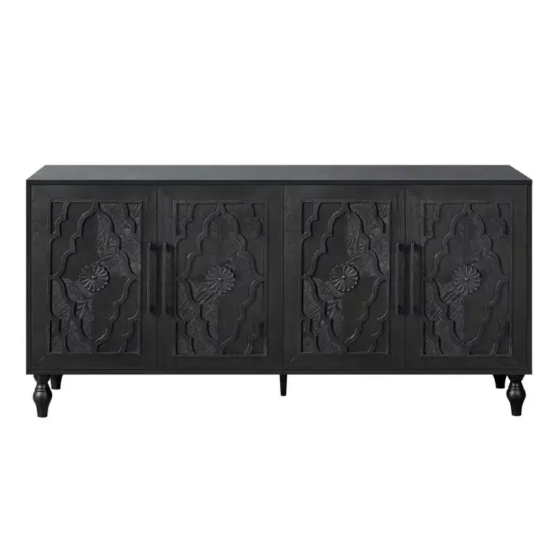 Large Storage Cabinet with Metal Handle, Carved Flower Doors, Wooden Mordern Sideboard Console with Adjustable Shelves