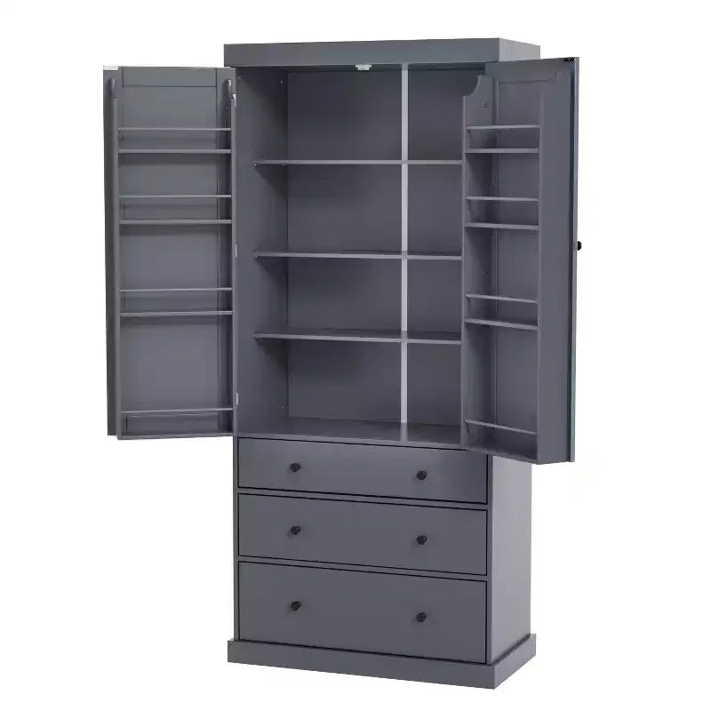 Freestanding Kitchen Pantry Organizer, Cabinet with 3-Adjustable Shelves, 3-Drawers, 8-Door Inner Shelves