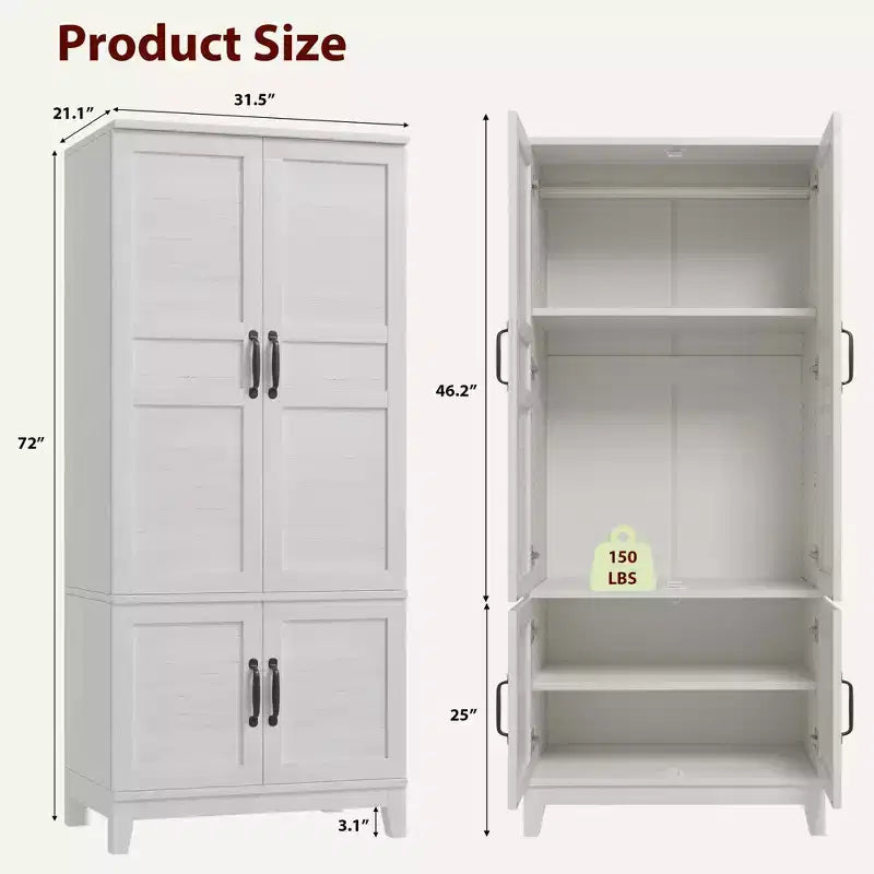 Armoire Wardrobe Closet with 4 Doors,72 in Wooden Wardrobe Cabinet with Hanging Rod, Freestanding Tall Clothing Armoire Storage Cabinet