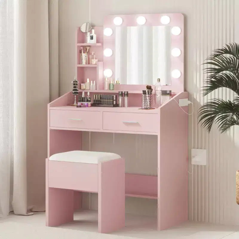 Vanity Desk with Mirror and Lights, Makeup Vanity with Power Outlet & Cushioned Stool, 3 Lighting Modes Adjustable Brightness, Dressing Table