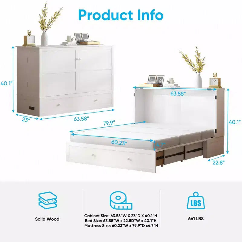 Murphy Bed Cabinet, Modern Murphy Bed Queen with Mattress, Built-in USB Charging Station & Drawers