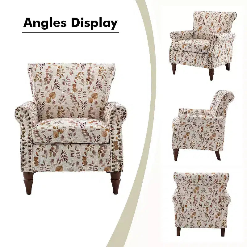 Traditional Wooden Upholstered Floral Armchair with Wingback and Nailhead Trim