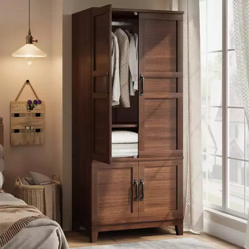Armoire Wardrobe Closet with 4 Doors,72 in Wooden Wardrobe Cabinet with Hanging Rod, Freestanding Tall Clothing Armoire Storage Cabinet