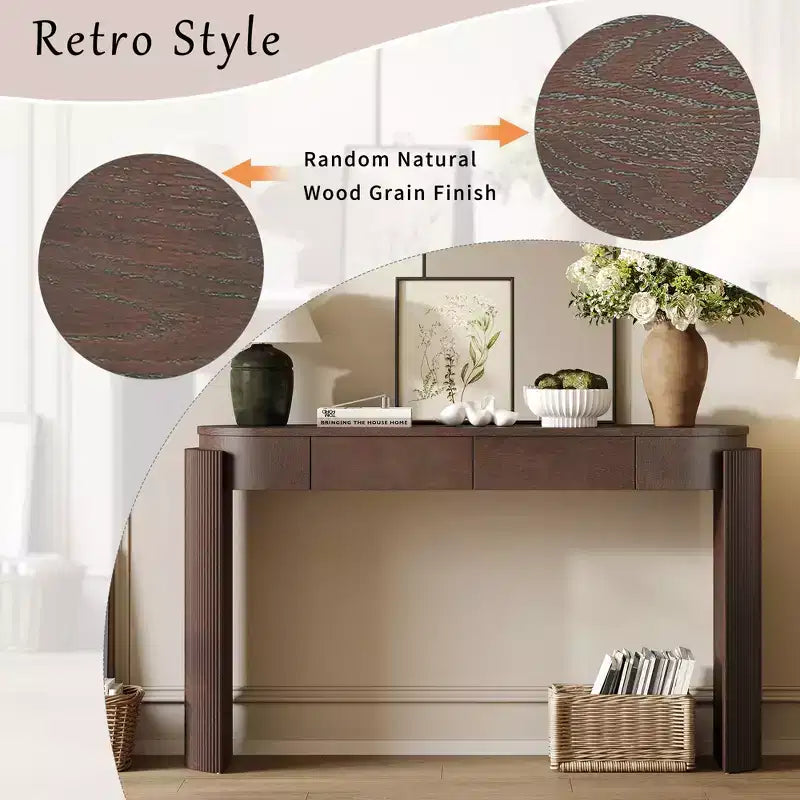 Oval-Top Console Table with Fluted Curved Legs & Dual Hidden Drawers
