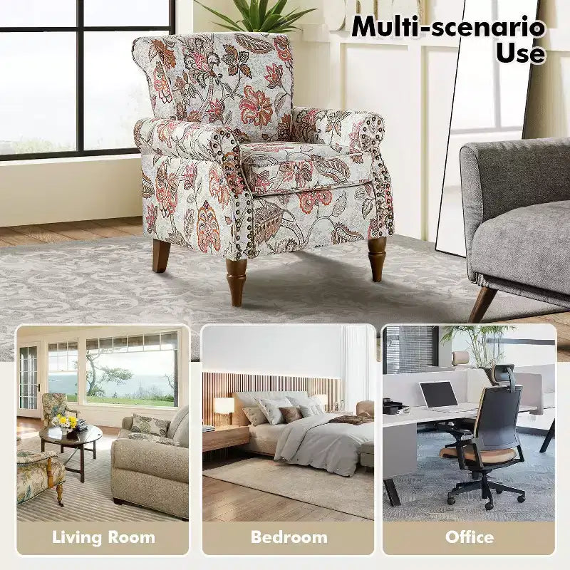 Traditional Wooden Upholstered Floral Armchair with Wingback and Nailhead Trim