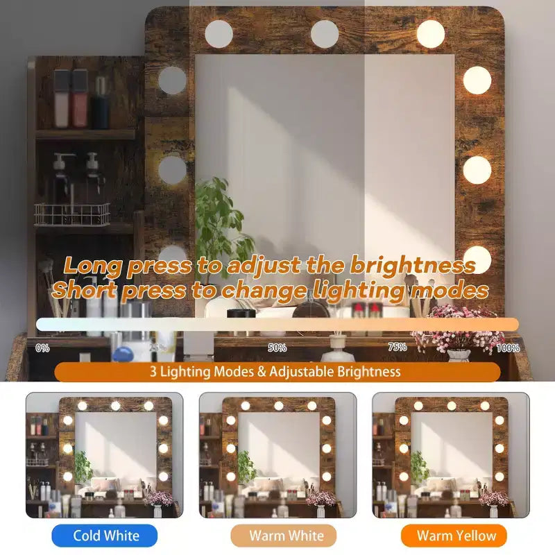 Vanity Desk with Mirror and Lights, Makeup Vanity with Power Outlet & Cushioned Stool, 3 Lighting Modes Adjustable Brightness, Dressing Table