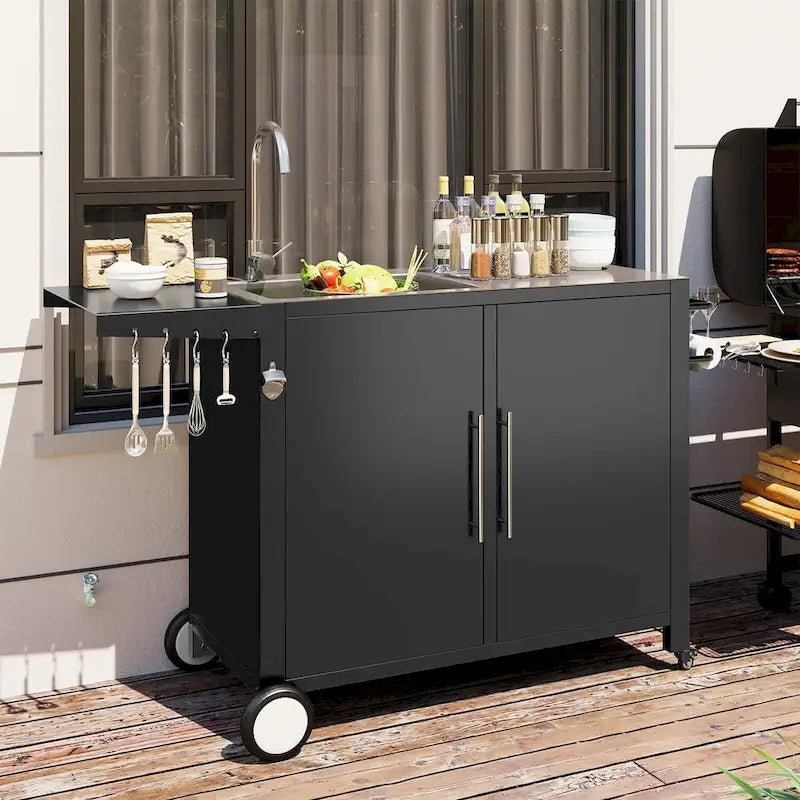 AECOJOY Outdoor Kitchen Sink with Hose Hook up, Stainless Steel Grill Prep Table Kitchen Cabinets Island