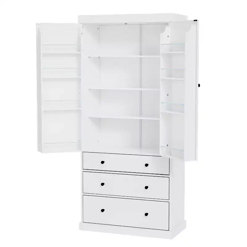Freestanding Kitchen Pantry Organizer, Cabinet with 3-Adjustable Shelves, 3-Drawers, 8-Door Inner Shelves