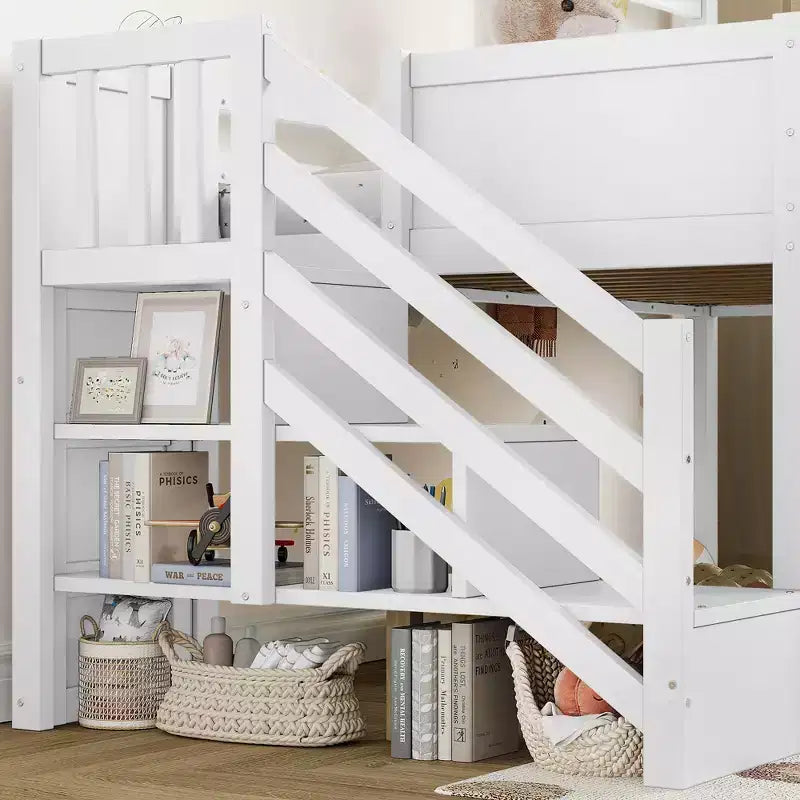 Twin Size Loft Bed with 3 Drawers & Storage Stair, Wooden House-style Bed Frame with Slide and Remevoable Desk