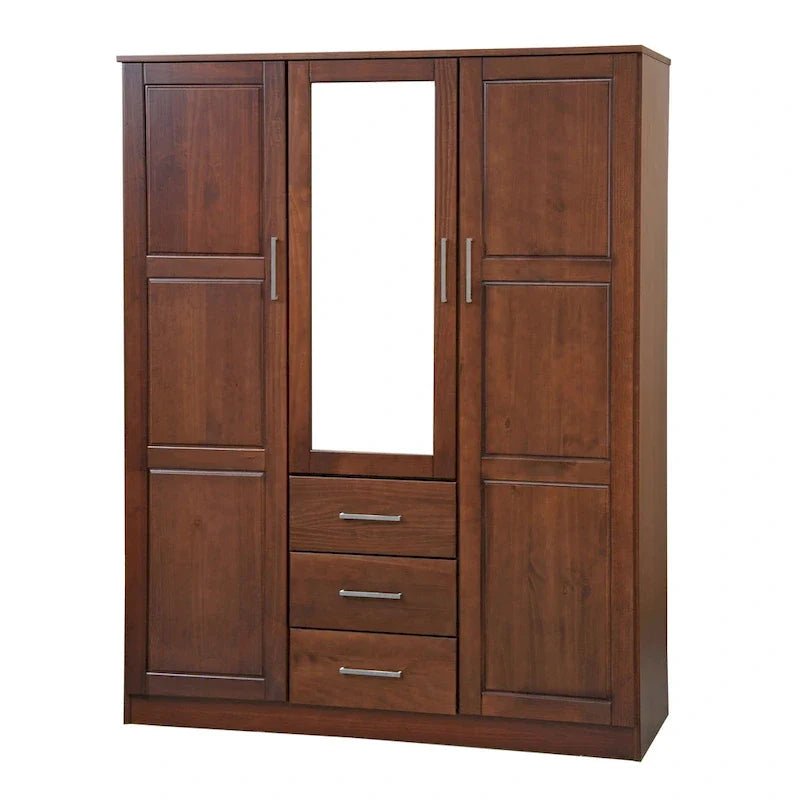 3-Door Solid Pine Wood Wardrobe Armoire, 72"H x 56"W, Mirrored or Panel Door, 3 Clothing Rods