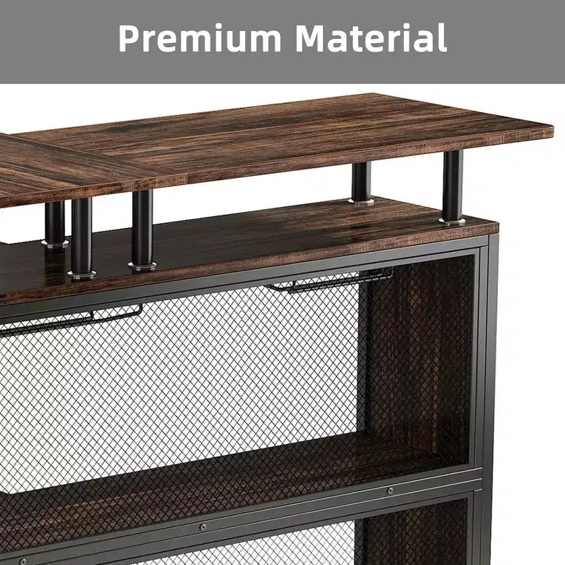 L-Shaped Corner Home Bar Cabinet with Wine Glass Racks and Footrest