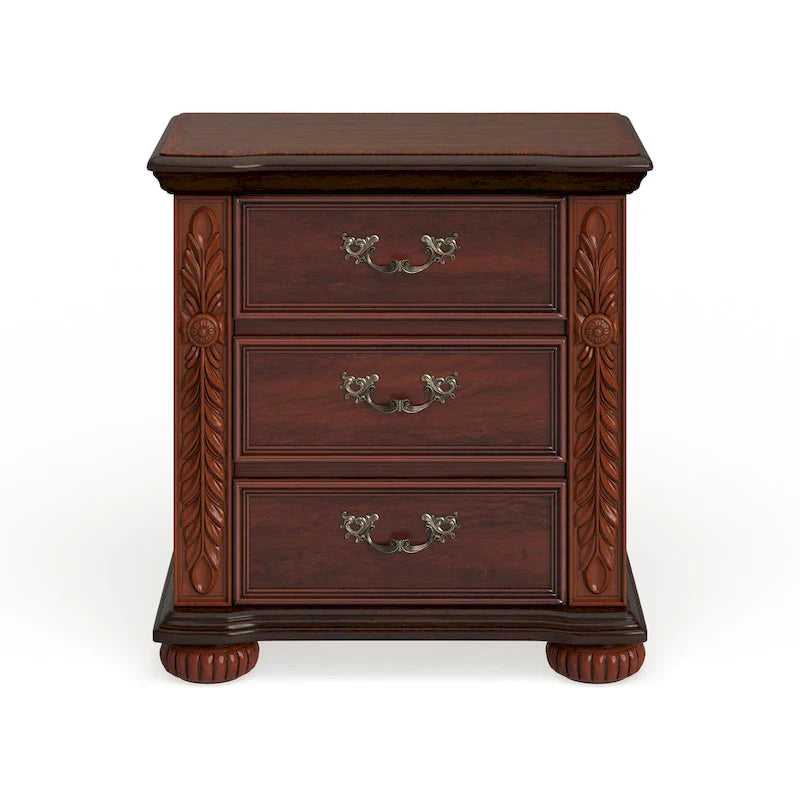 Cherry Solid Wood 3-Drawer Nightstand with Carved Palm Leaf Details
