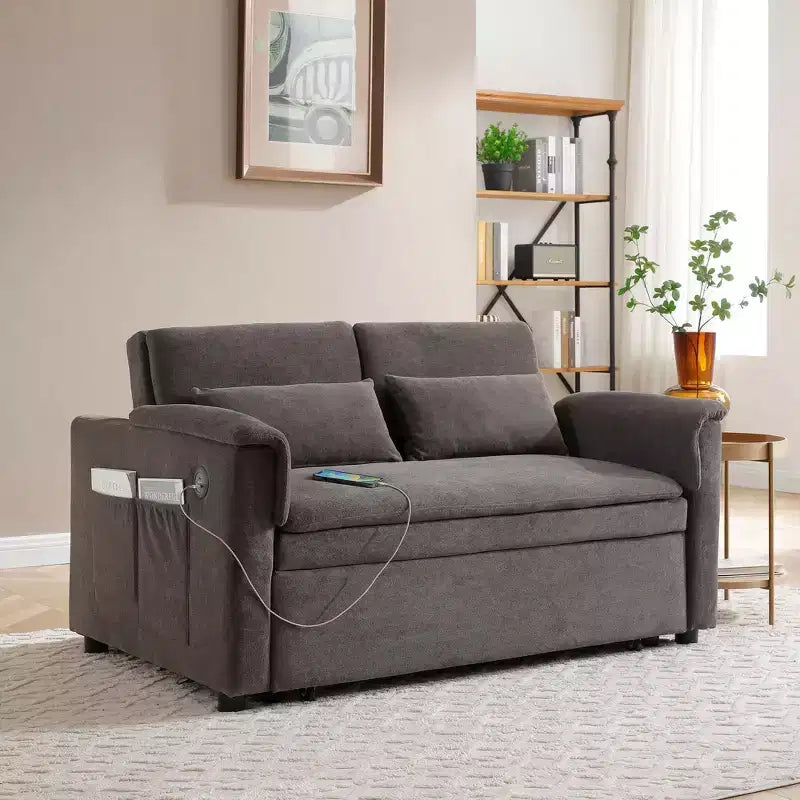 Convertible Sofa Bed Couch with Side Pockets & Adjustable Backrest, Velvet Upholstered Loveseat Sofa for Living Room, Bedroom