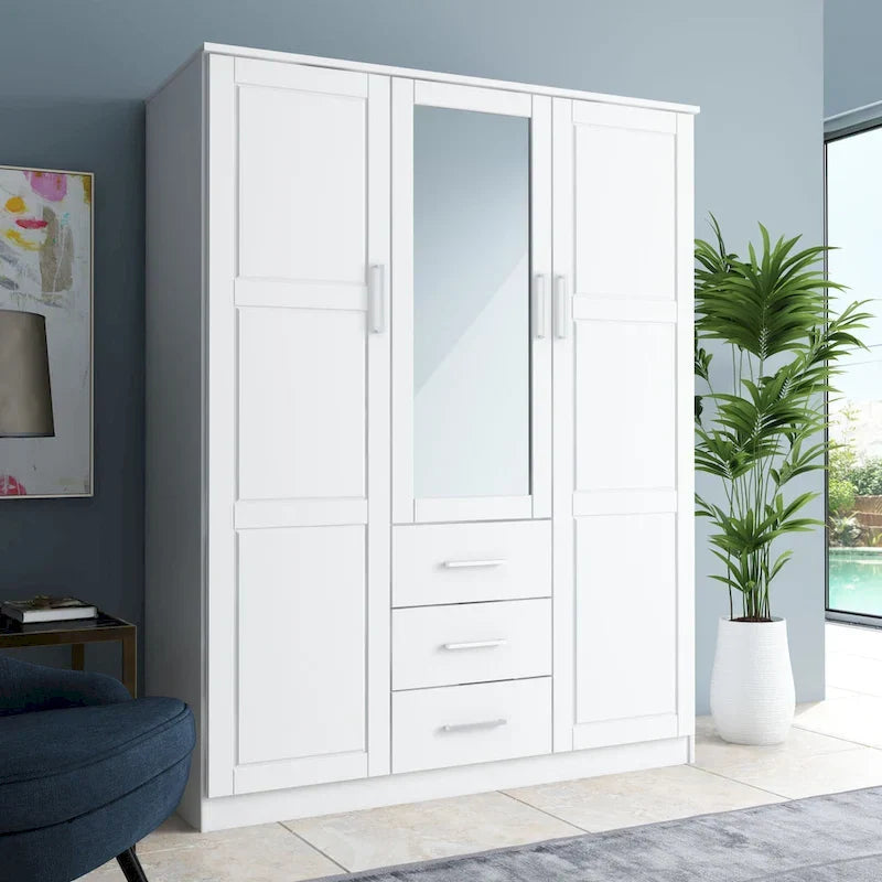 3-Door Solid Pine Wood Wardrobe Armoire, 72"H x 56"W, Mirrored or Panel Door, 3 Clothing Rods