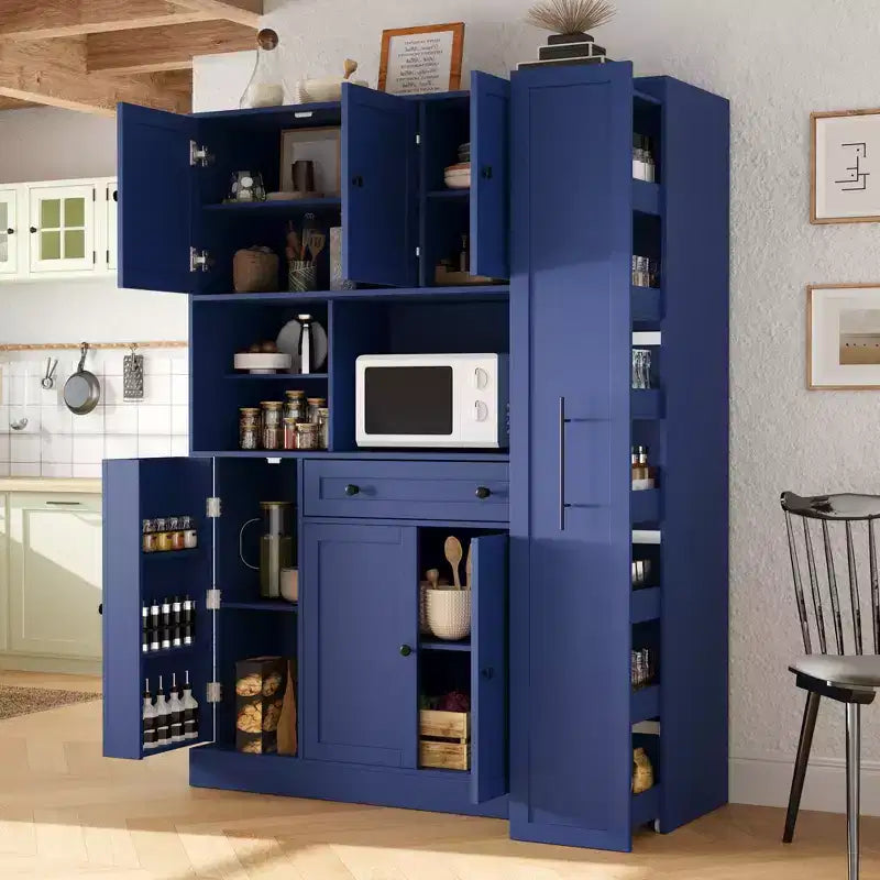 Kitchen Pantry Cabinet with Hutch and Pull-Out Side Cabinet