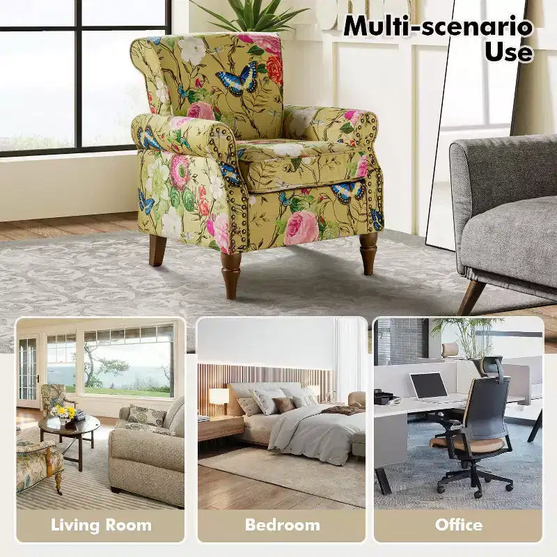 Traditional Wooden Upholstered Floral Armchair with Wingback and Nailhead Trim