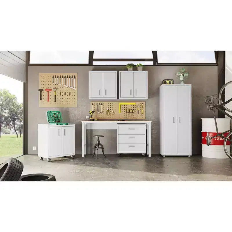 Manhattan Comfort Fortress 3pc Mobile Space Saving Garage Cabinet and Worktable Set 3.0 White