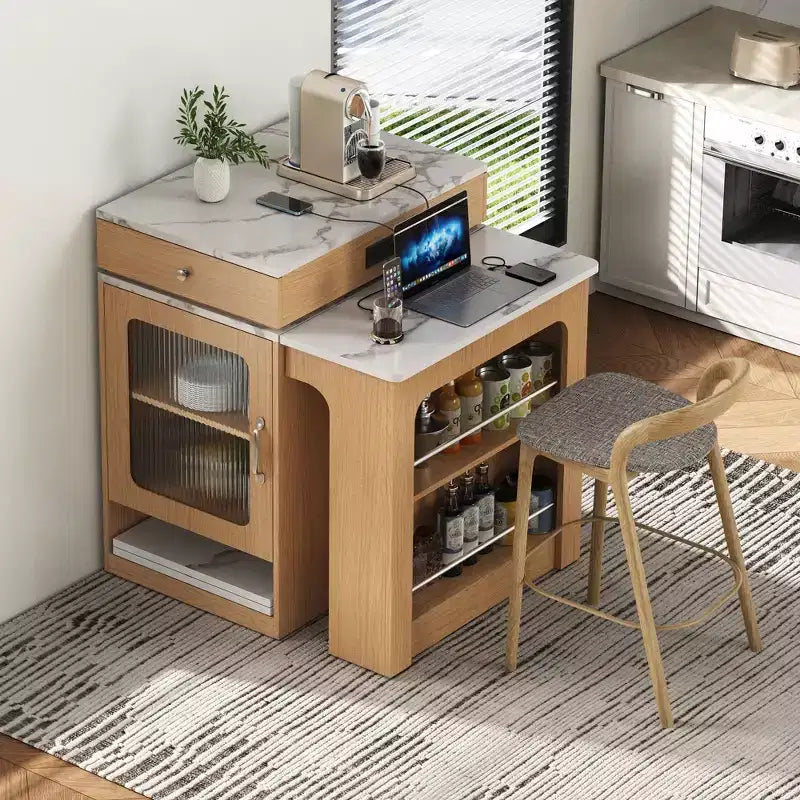 PexFix 59.5 Kitchen Island with Extendable Dining Table Kitchen Storage Table with Double-sided Storage with Power Outlet&Side Open Shelves Natural