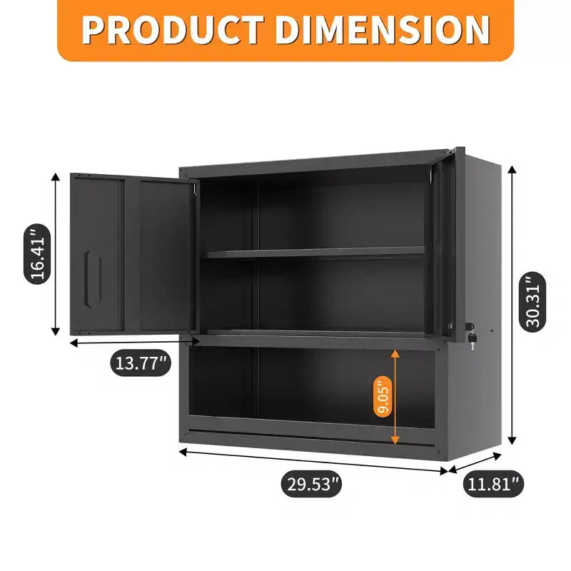 VIYET 30H Wall-Mounted Steel Cabinet - Locking Doors + Open Drawer + Adjustable Shelf, Cold-Rolled Steel, Garage/Office/Warehouse/Home/School