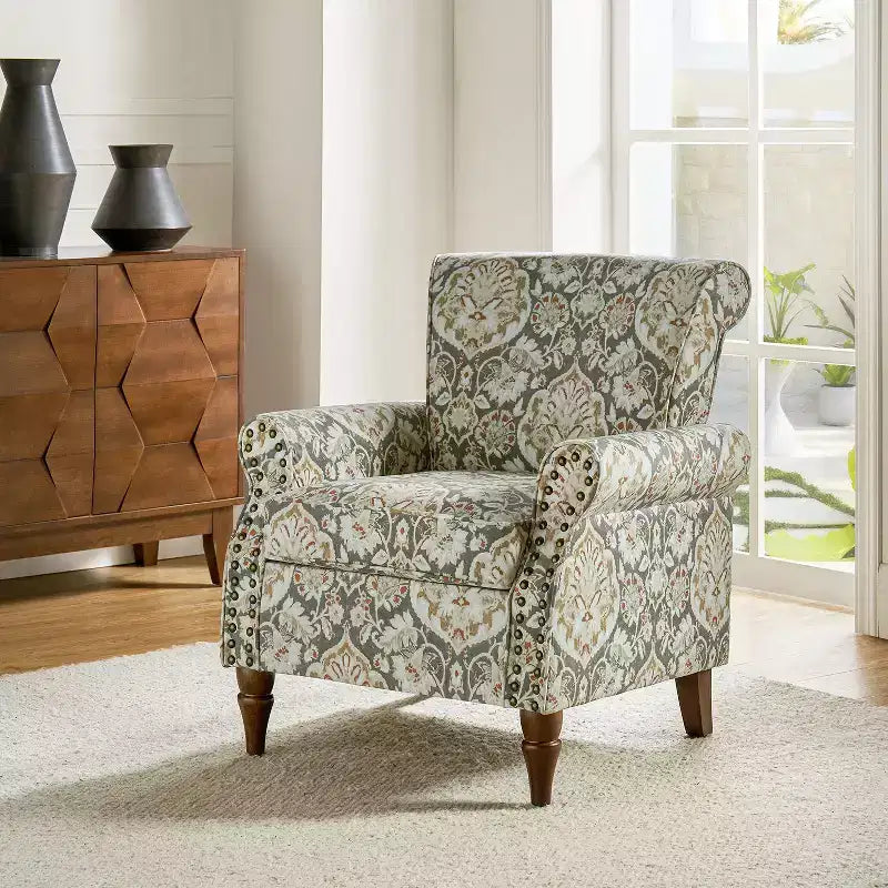 Traditional Wooden Upholstered Floral Armchair with Wingback and Nailhead Trim
