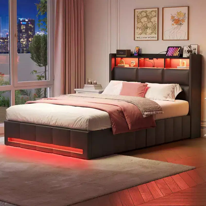 Greenstell Upholstered Lift Storage Bed with LED Lights & Charging Station, Modern Platform Bed, Heavy Duty Wooden Slats