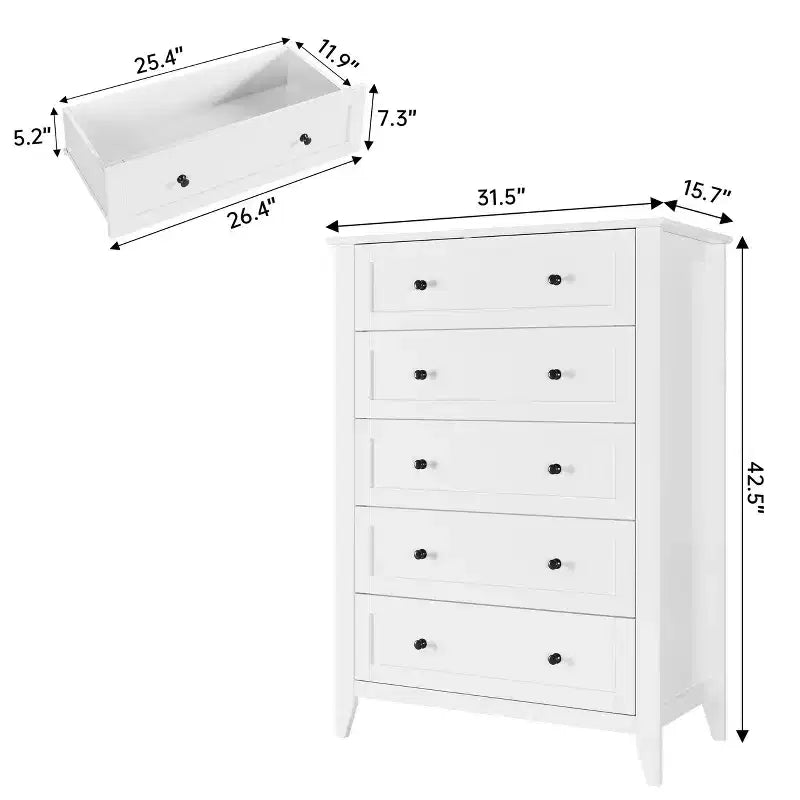 Tall 5 Drawer Dresser with Deep Drawers Metal Knobs Modern Wooden Chest of Drawers for Bedroom Entryway Hallway