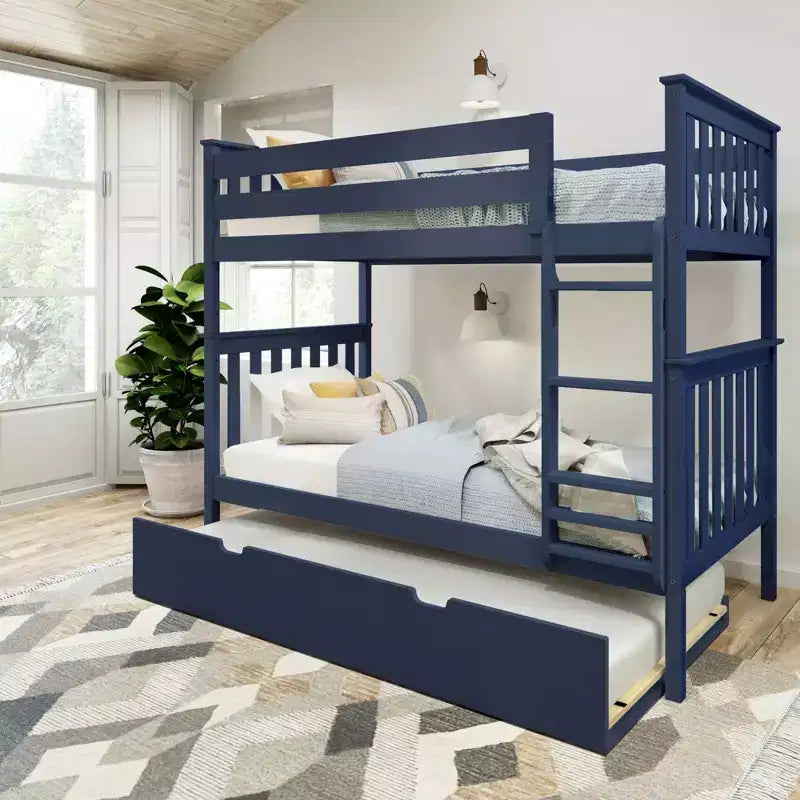 Twin over Twin Bunk Bed with Trundle, Solid Wood, Sleeps 3 – Blue / Espresso / Natural / Pecan / Walnut / White