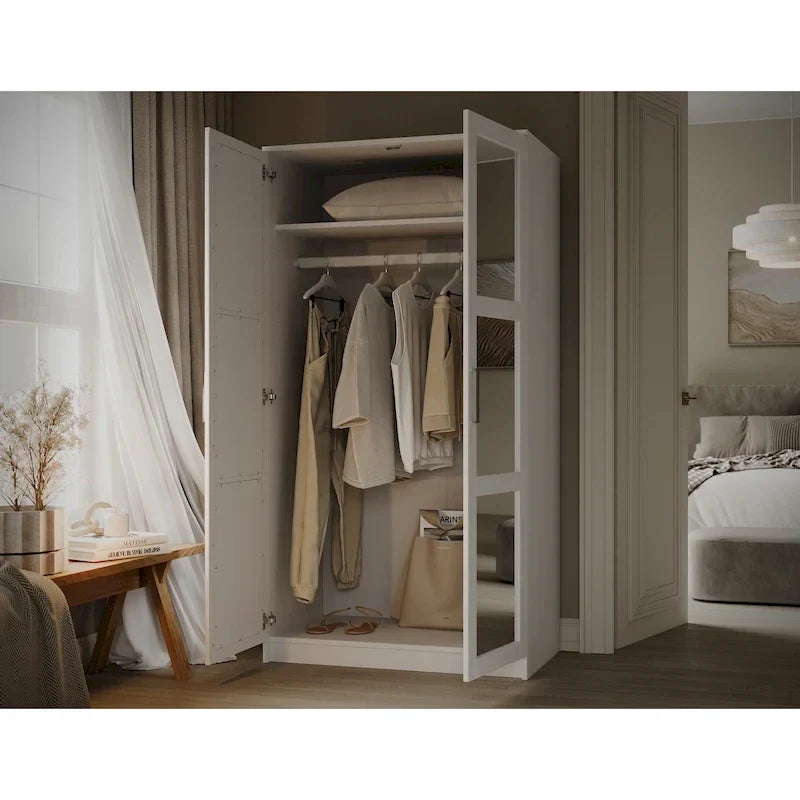 2-Door Solid Pine Wood Wardrobe Armoire with Clothing Rod & Adjustable Shelf – White / Black / Gray, Solid Wood or Mirrored Doors, Single